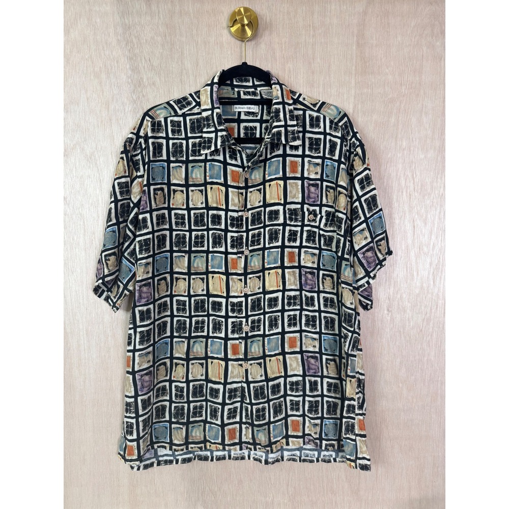 Retro Burma Bibas Mens Button Shirt Modern Geographic Resort Print Black Multi L